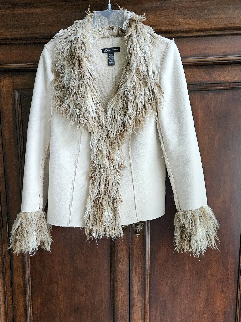 INC International Concepts Cream Jacket with Taupe Shag Trim